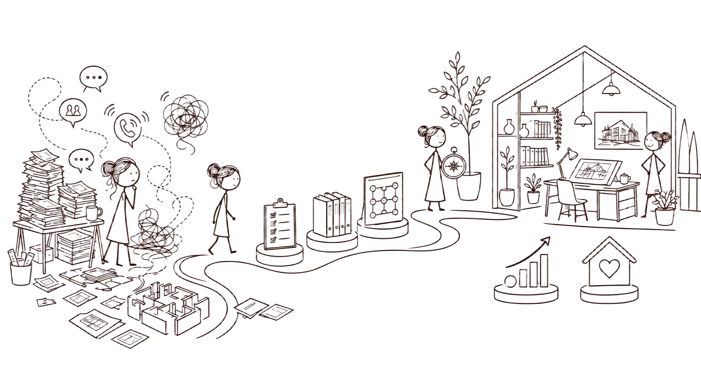 Trilha ilustrada da construção do método — da bagunça inicial ao Escritório Autoral